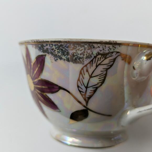 Nasco Japan Poinsettia Teacup Pearlescent Glaze Lusterware Vintage Gold Purple - Picture 7 of 12